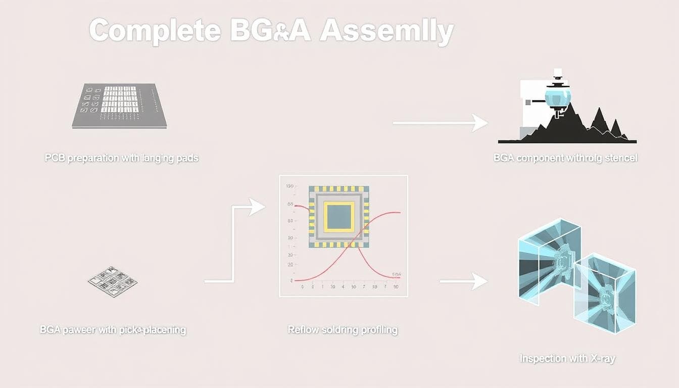 BGA Assembly process showing PCB preparation, solder paste application, component placement, and reflow soldering