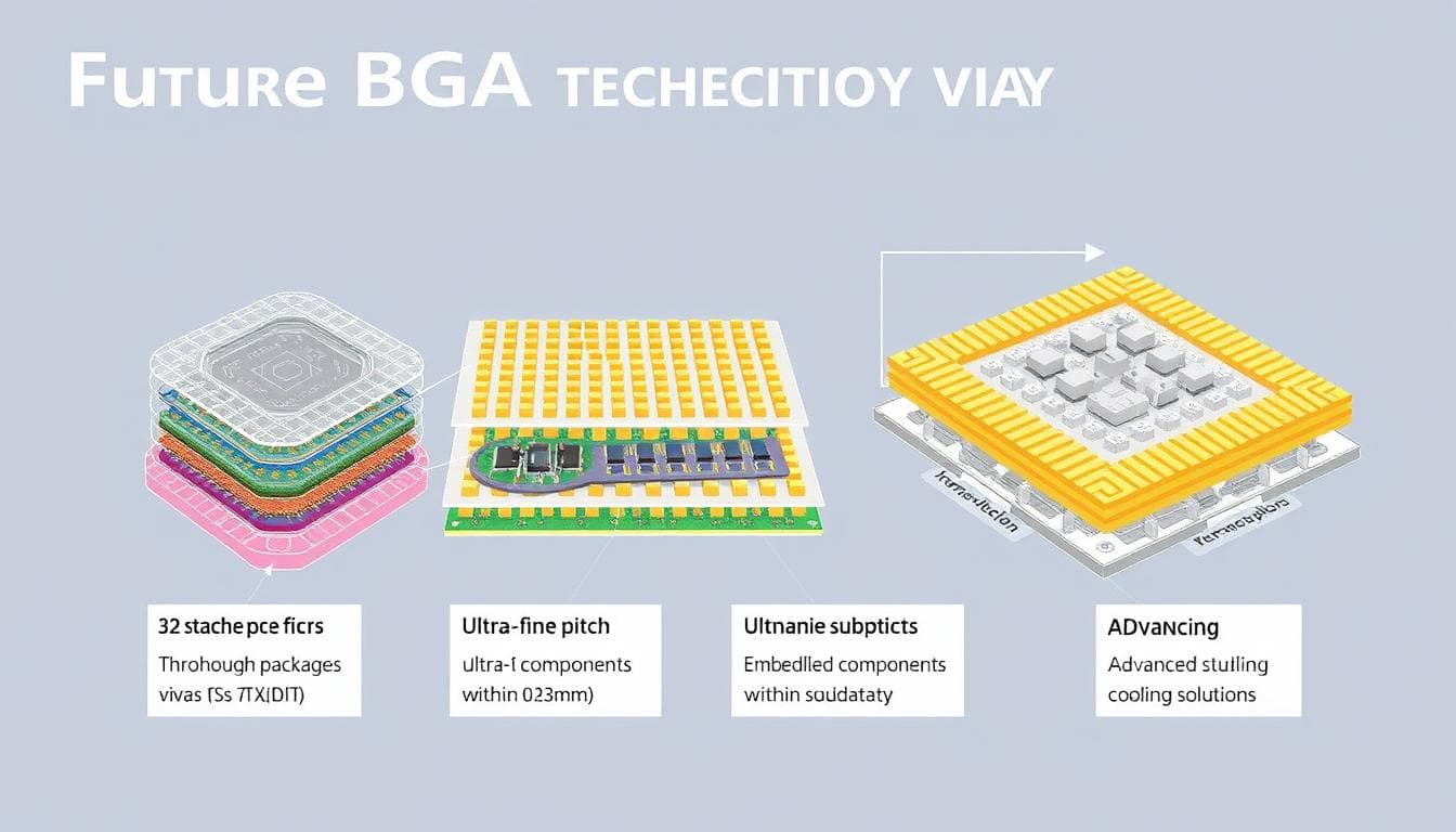Future BGA technologies showing 3D stacking and advanced packaging techniques