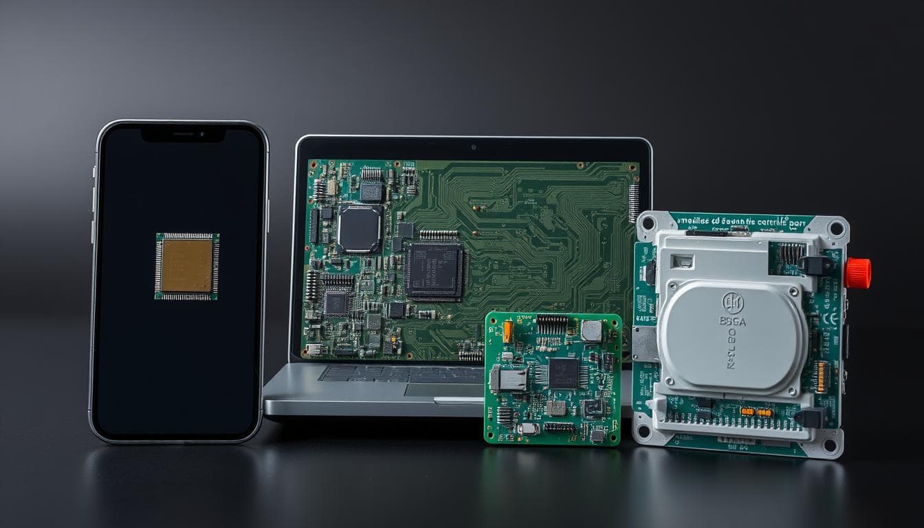 Various electronic devices using BGA technology including smartphones, computers, and automotive systems