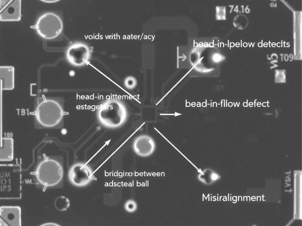 X-ray image showing common BGA defects including voids, bridges, and head-in-pillow