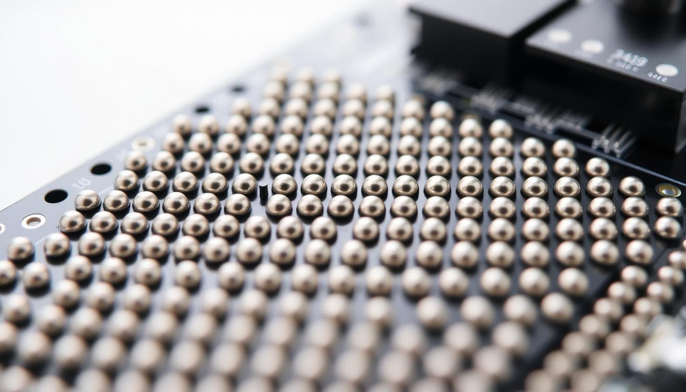 BGA Assembly showing solder balls arranged in grid pattern on the underside of a component